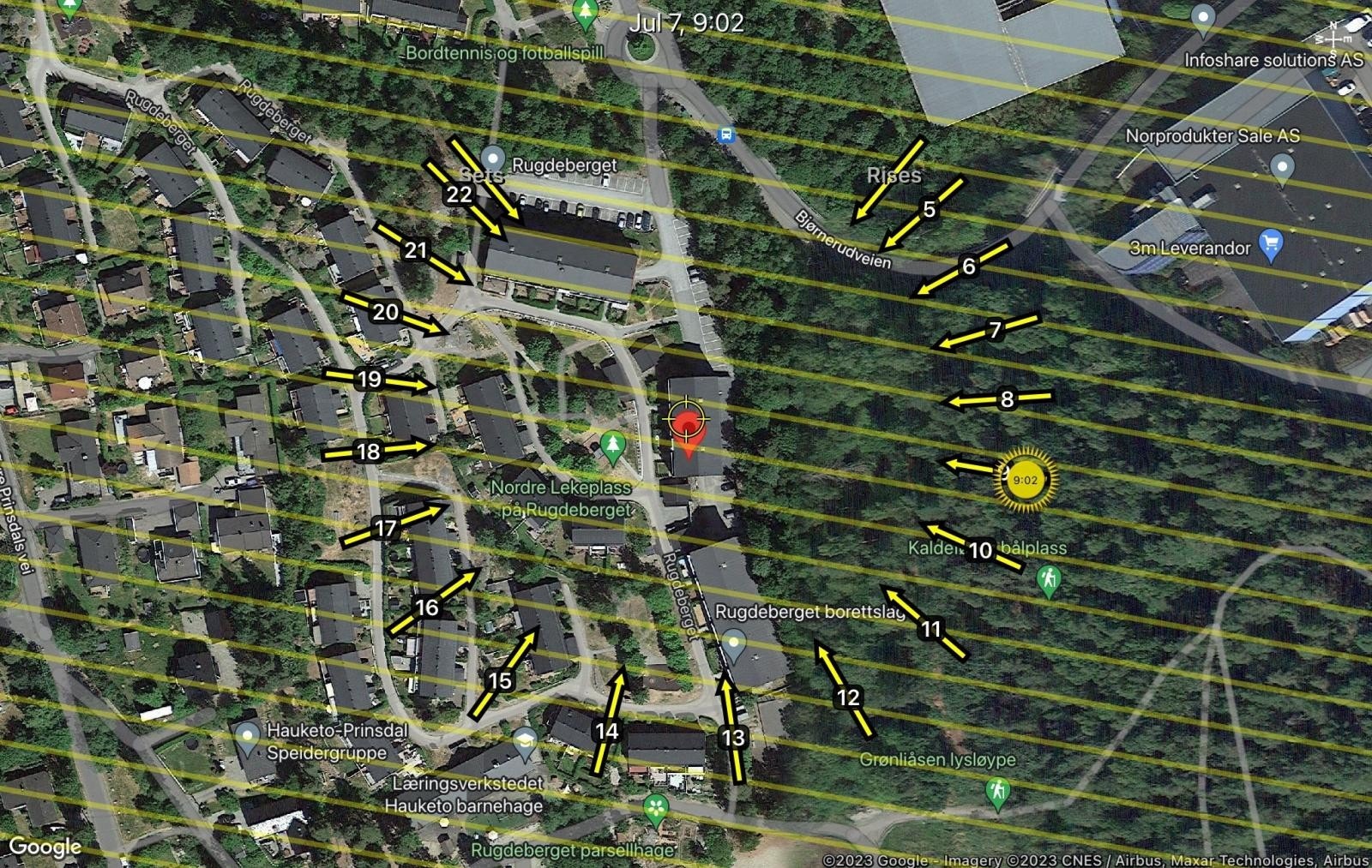Soldiagram pr. 21. juni. Eiendommen har gode solforhold med ettermiddags- og kveldssol. Galleribilde