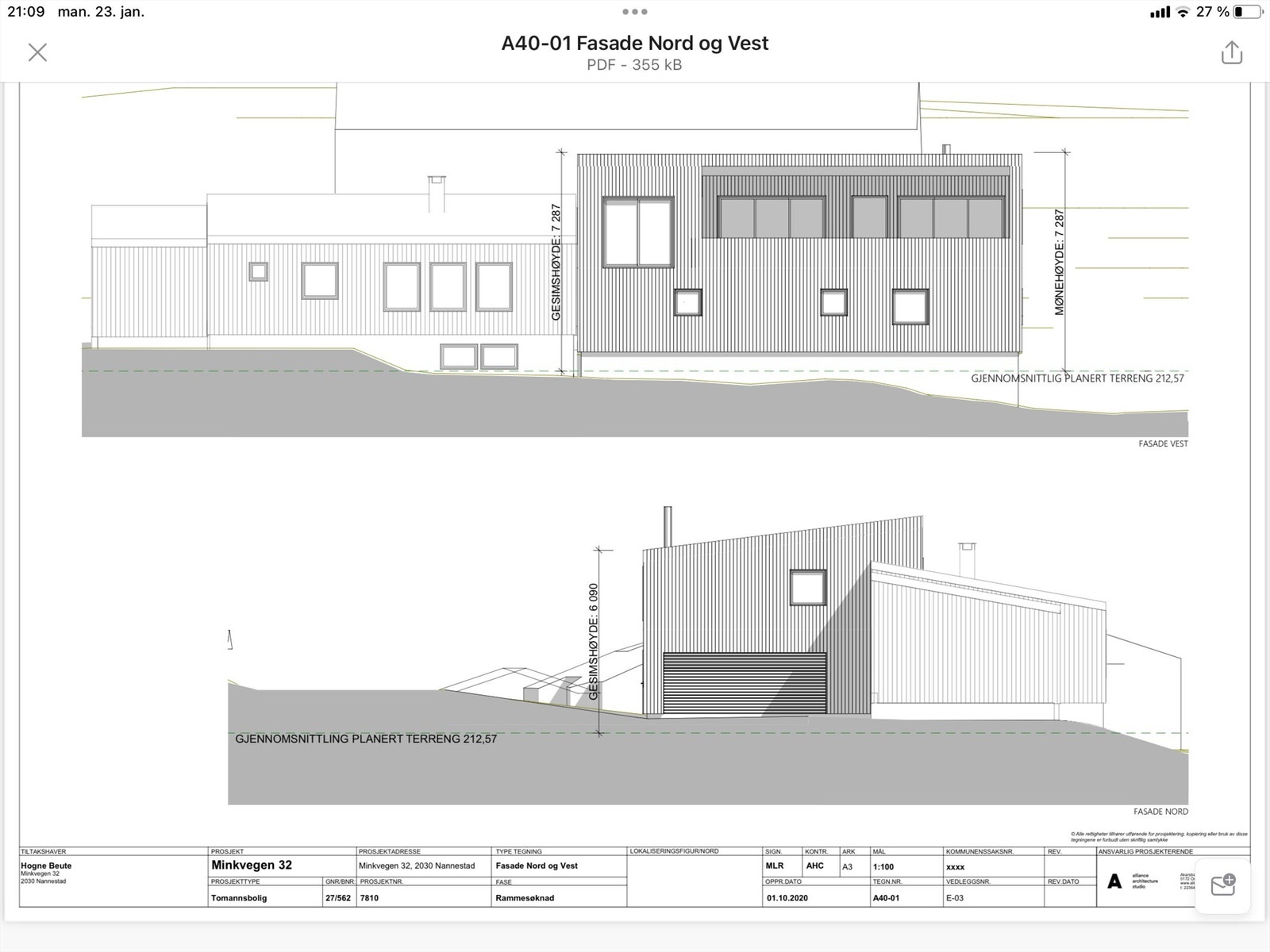 Fasade Nord og vest på planlagt bolig Galleribilde
