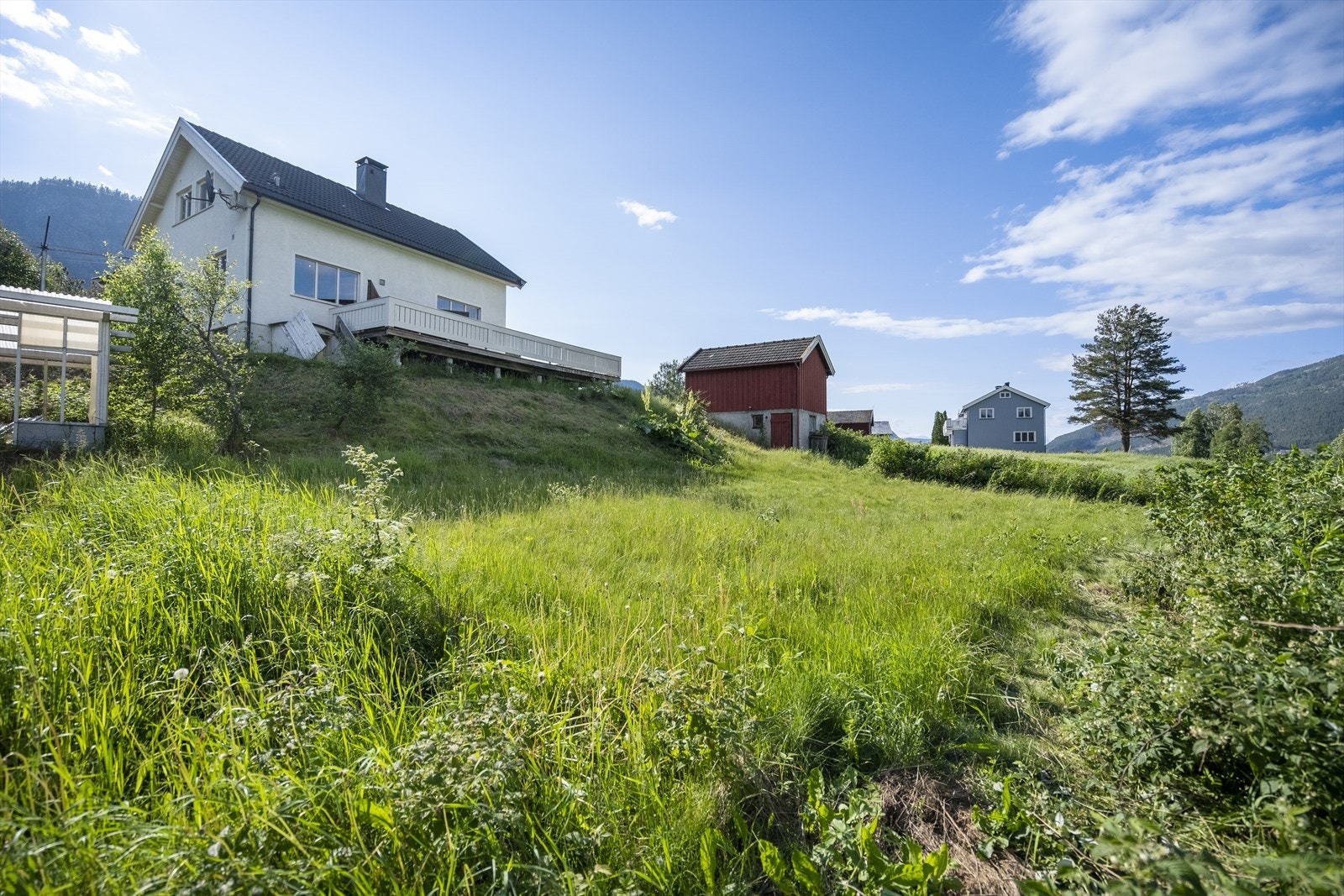 Tomten skråner ned mot strandlinja ved Hallingdalselva på østsiden. Galleribilde