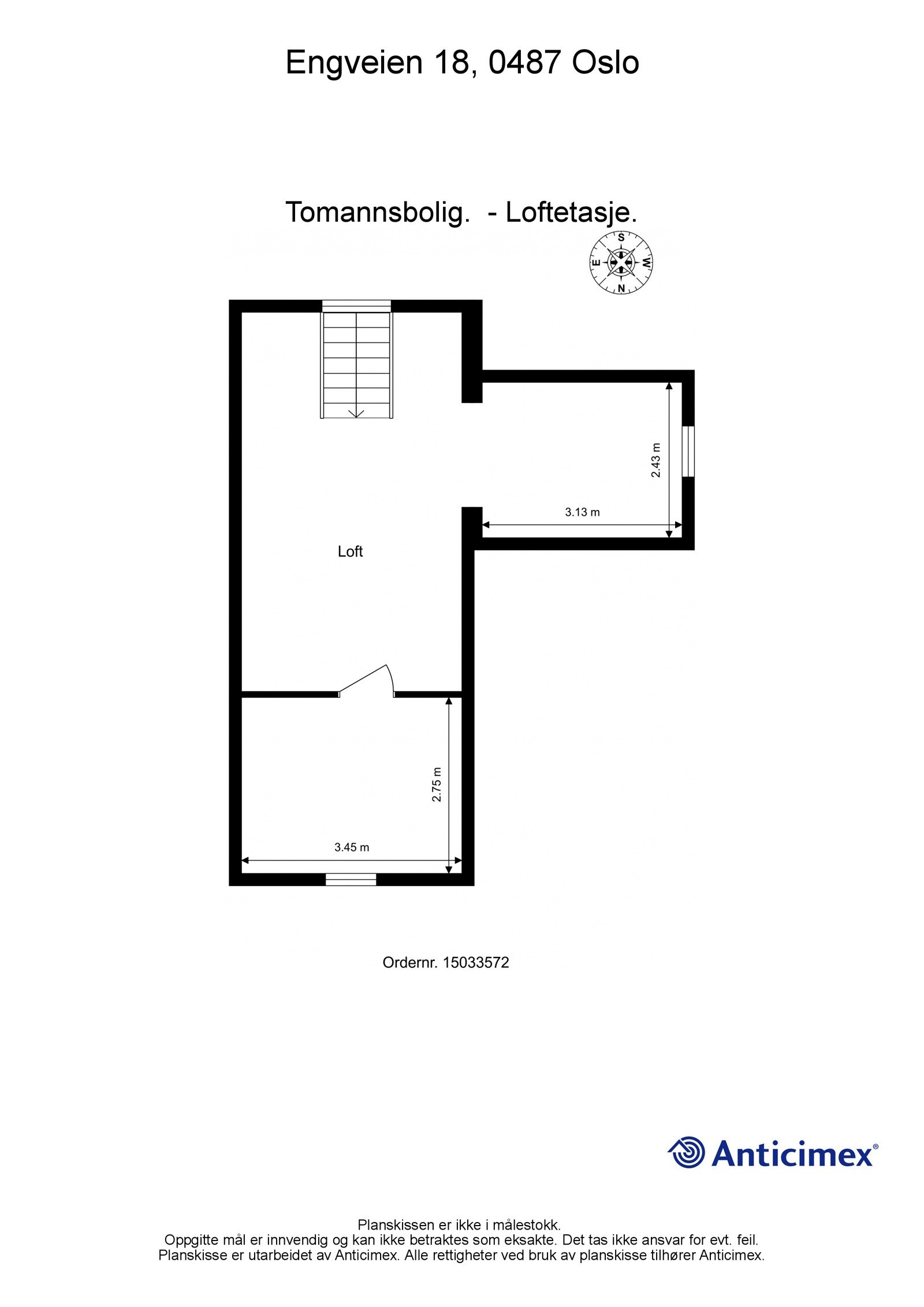 Plantegning loftsetasje. Loftsetasjen har ikke målverdig areal (gulvareal på ca. 38m²). Galleribilde