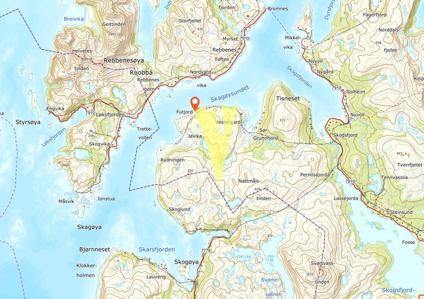 Eiendommen markert med gult