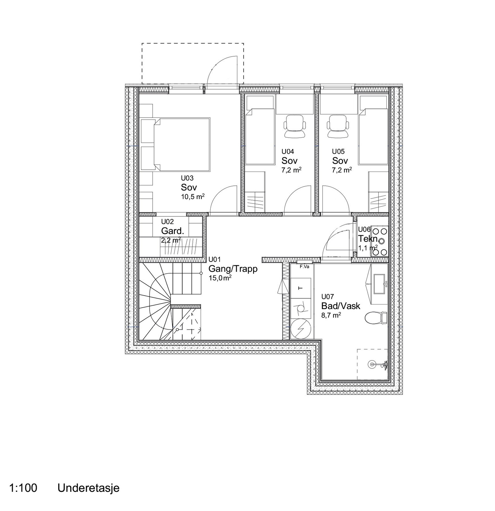 Underetasje består av tre soverom, bad/vaskerom og gang/trapp.