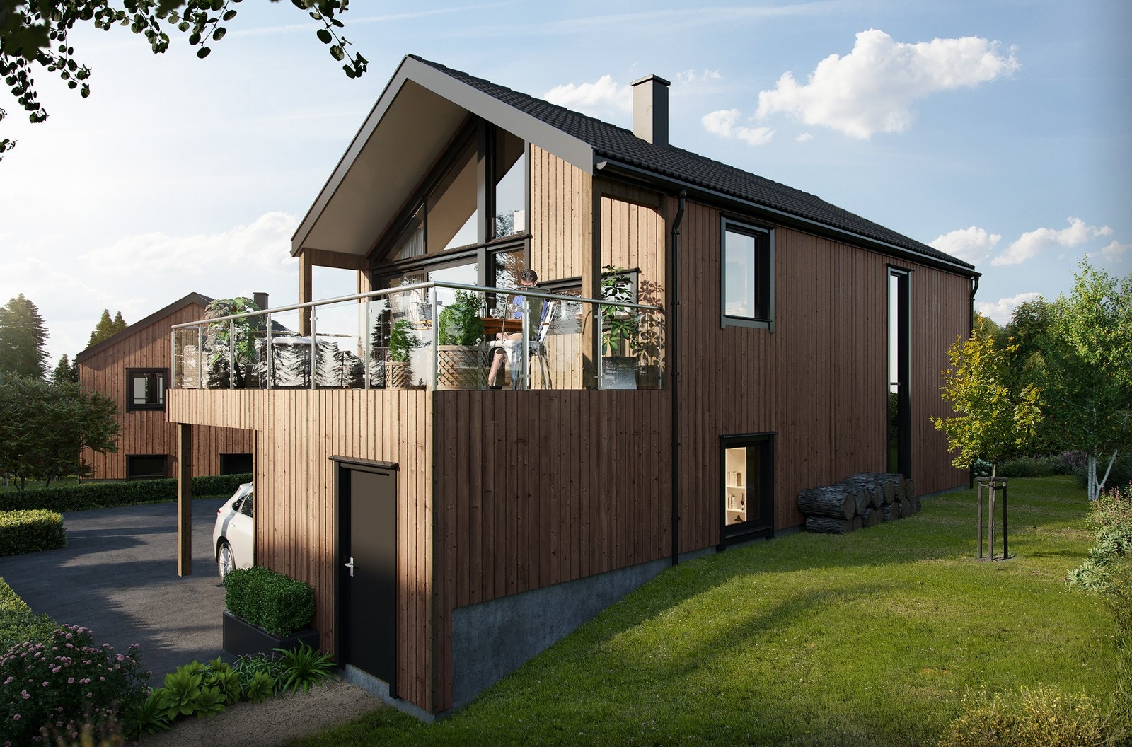 Illustrasjon av hustypen Tuva. Flott takterrasse. Galleribilde