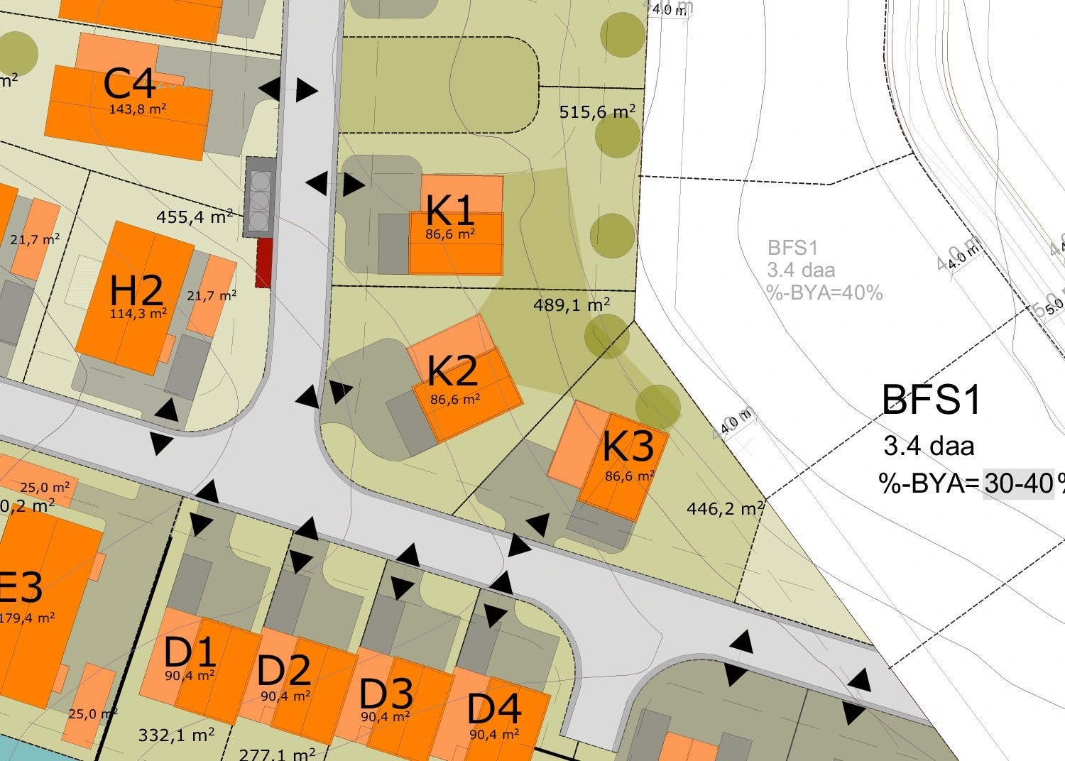 Situasjonsplan med de tre boligene Galleribilde