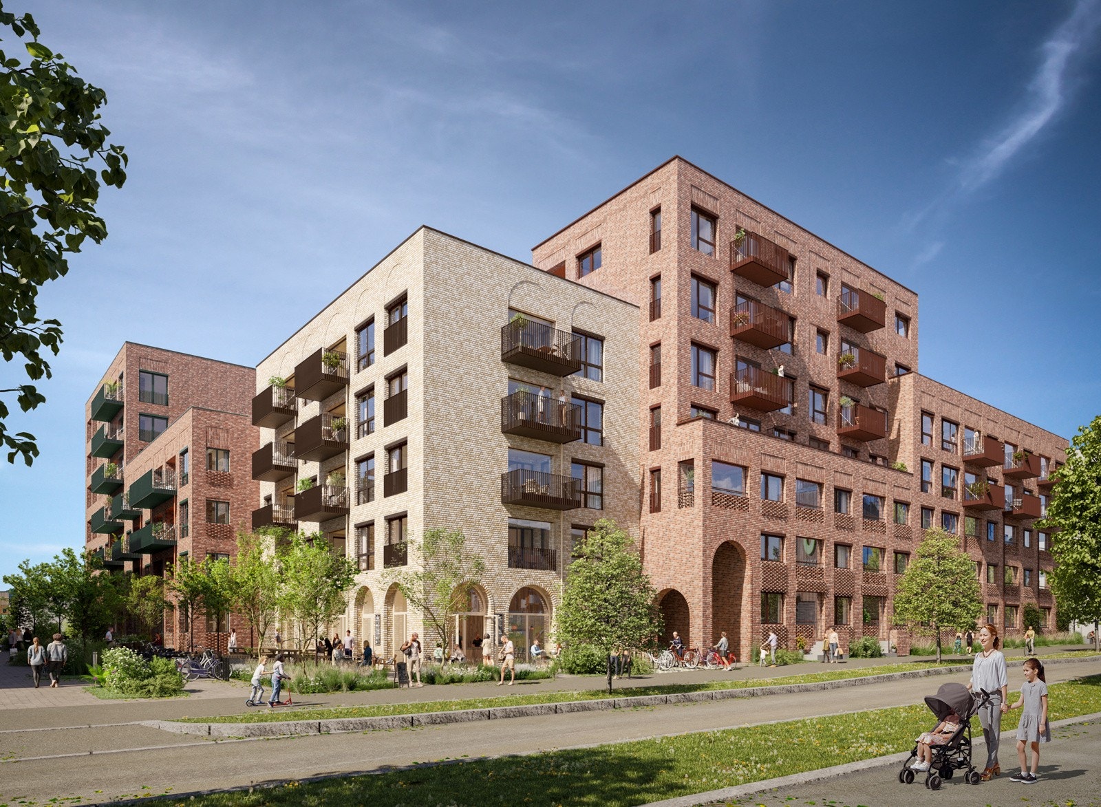 Bo blant grønne hager, gangveier og koselige små torg midt mellom sjøen og byen på Fornebu. Galleribilde