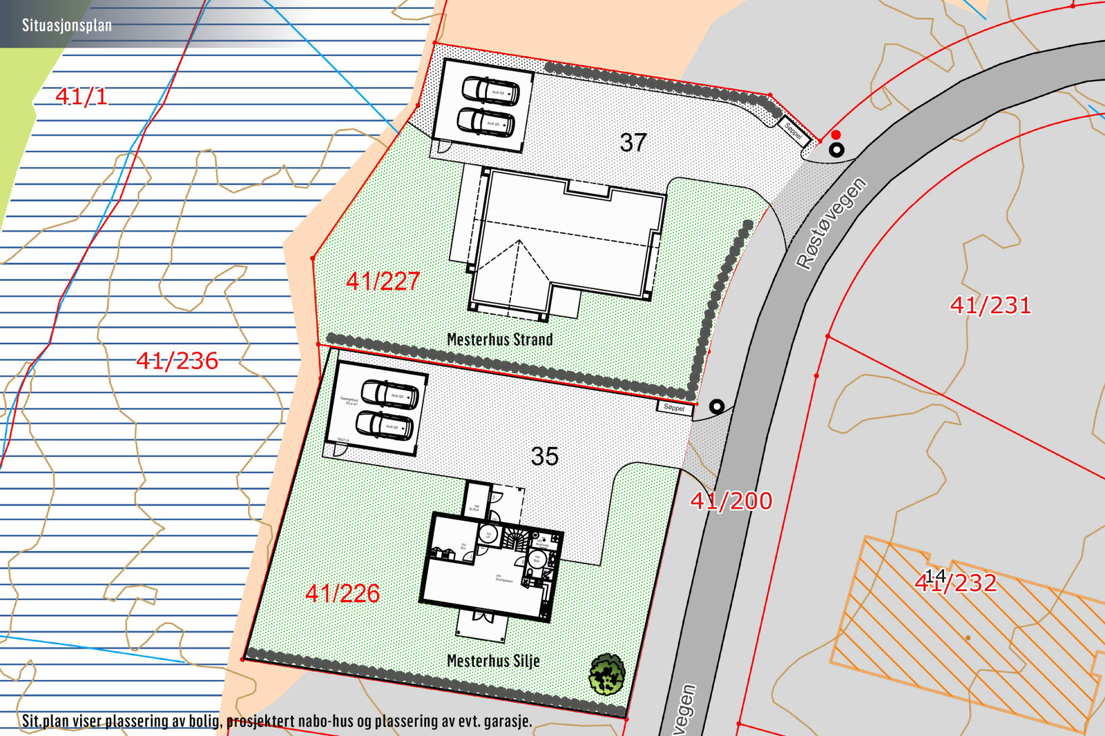 Sit.plan viser plassering av bolig, prosjektert nabo-hus og plassering av evt. garasje.
