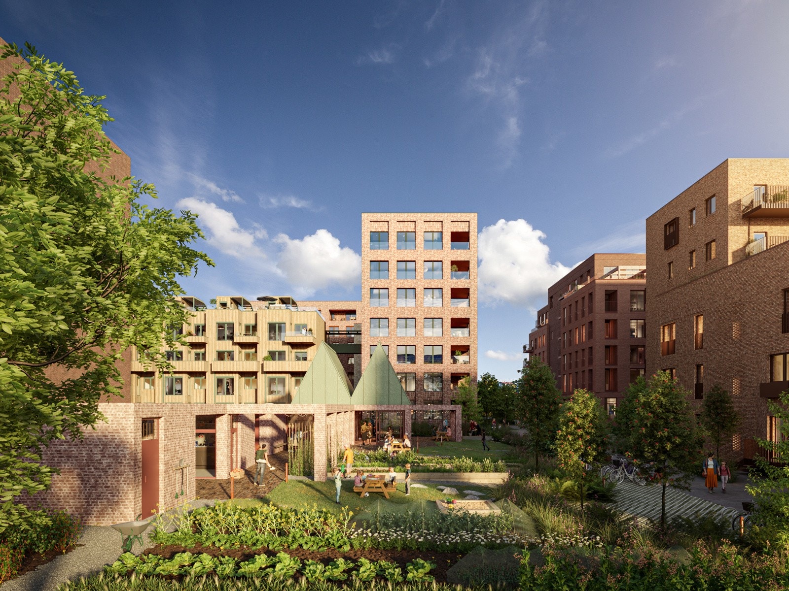 I hjertet av boligprosjektet ligger en stor felleshage og et 200 kvadratmeter stort felleshus som beboerne kan leie. Galleribilde