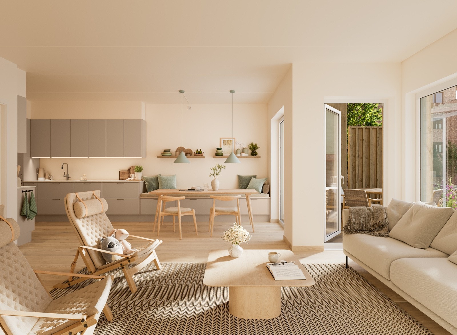 Stue og kjøkken i rekkehusleilighetene Galleribilde