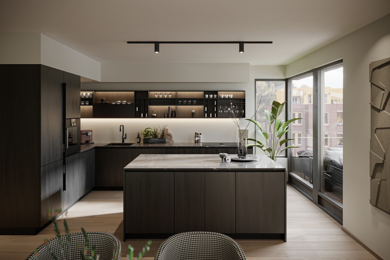 Kjøkken i leilighet D3 utstyrt med full tilvalgspakke fra ExpoNova. Bildet er av illustrativ karakter. Avvik kan forekomme. Galleribilde