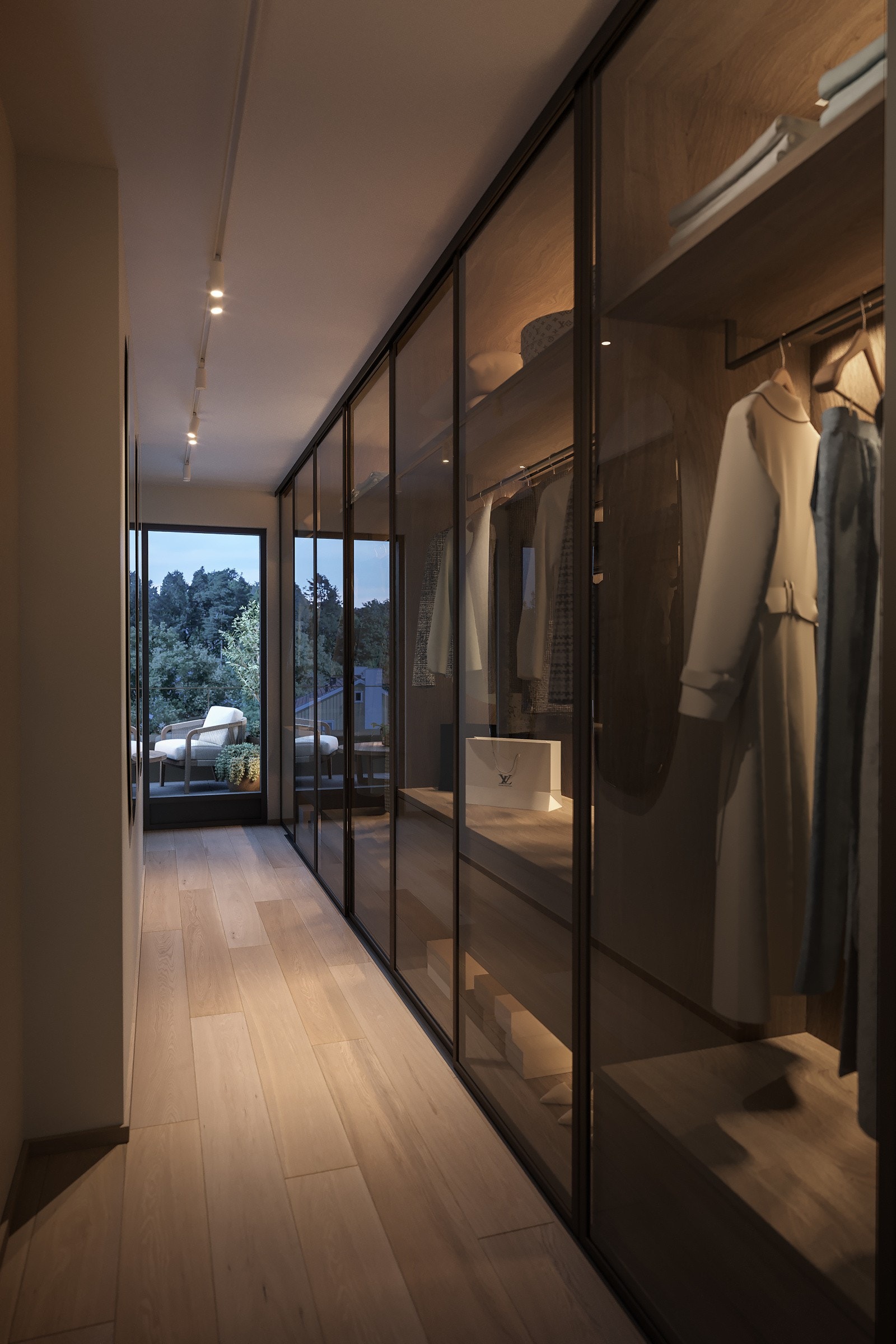 Fra garderoben (tilvalg) i leilighet B7. Sett mot terrassen. Bildet er av illustrativ karakter. Avvik kan forekomme Galleribilde