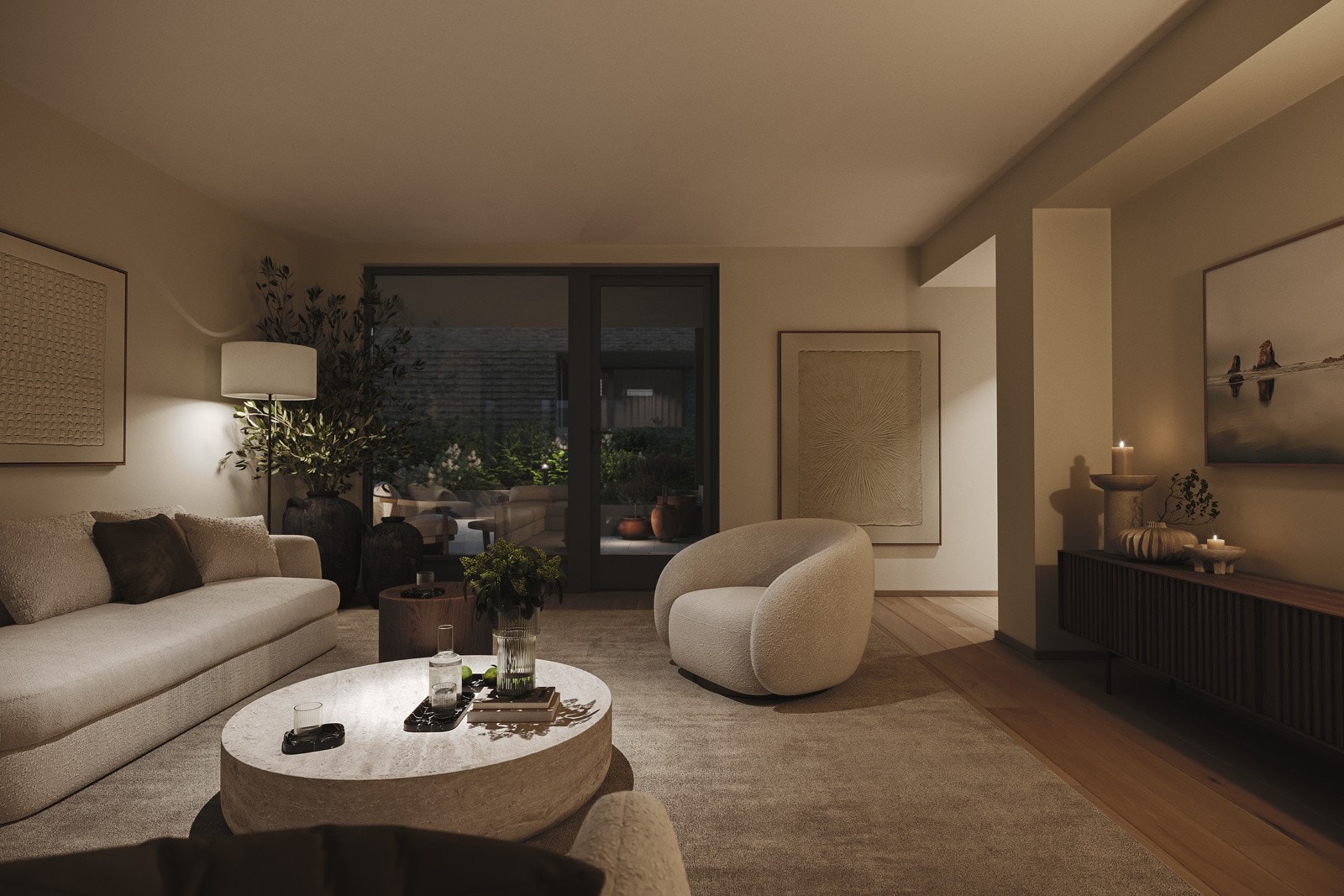 Kveldsstemning i leilighet D1. Bildet er av illustrativ karakter. Avvik kan forekomme. Galleribilde