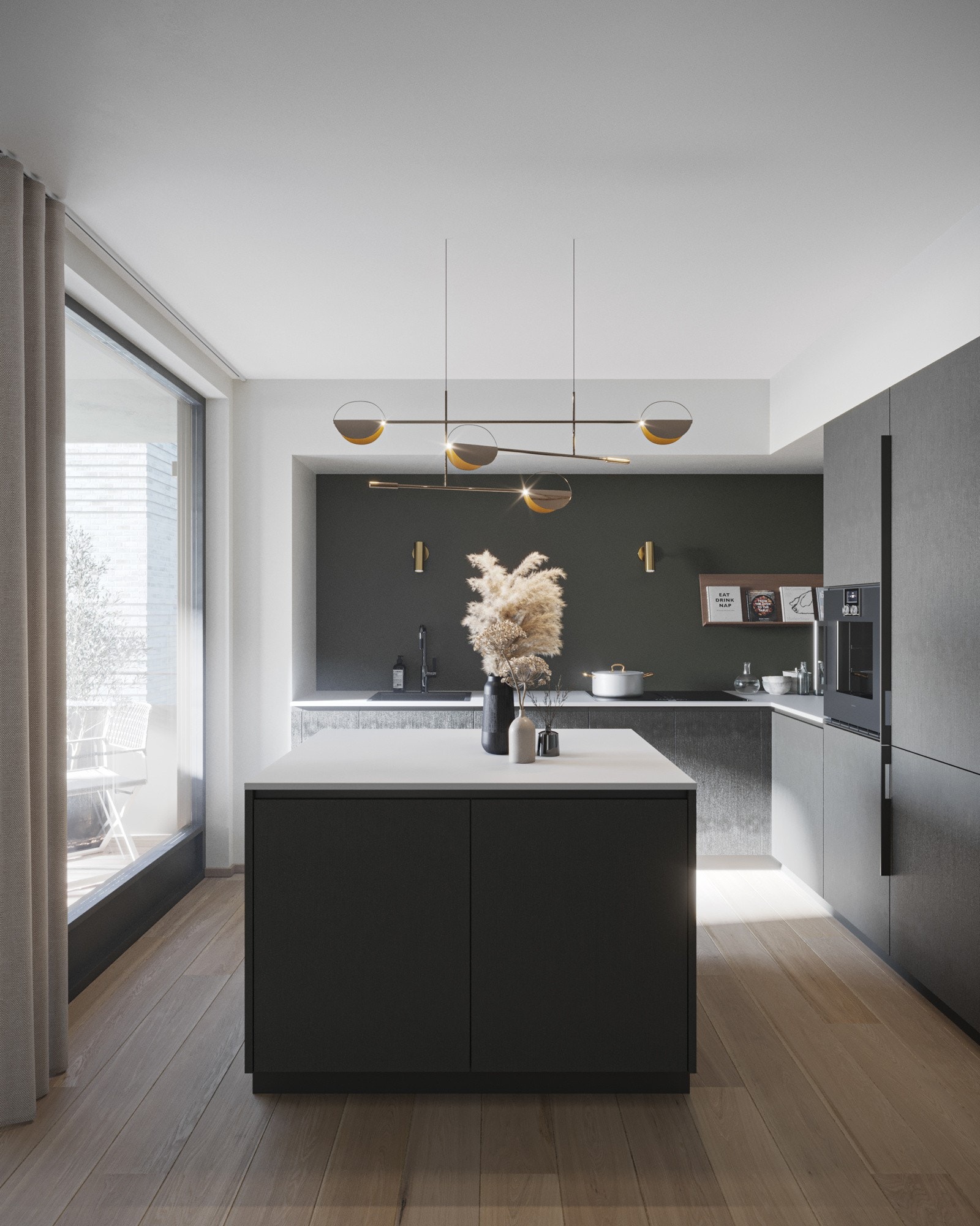 Kjøkken i leilighet D3 utstyrt med full tilvalgspakke fra ExpoNova. Bildet er av illustrativ karakter. Avvik kan forekomme. Galleribilde