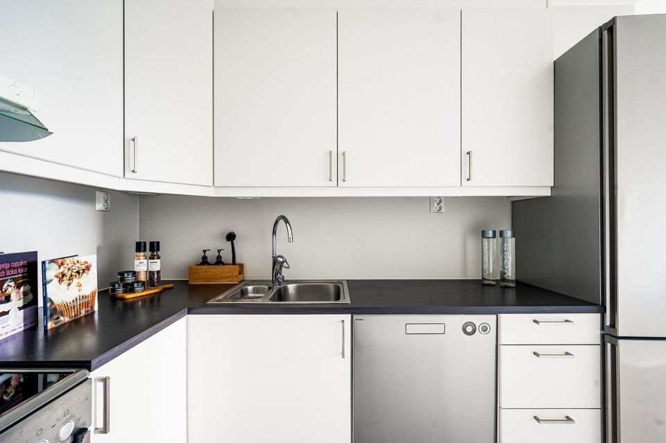 Hvitevarer er plassert i nisjer. Frittstående kombiskap. Galleribilde