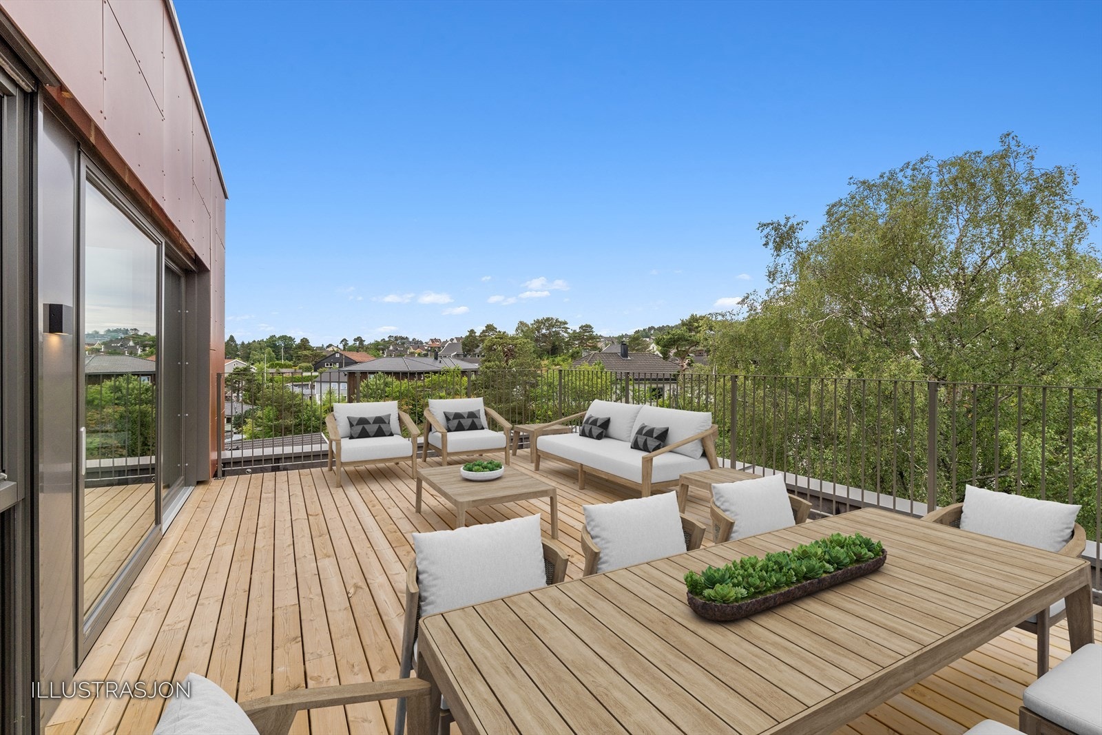 Fra stuen er det utgang til terrasse med god plass til møblement og svært gode solforhold Galleribilde