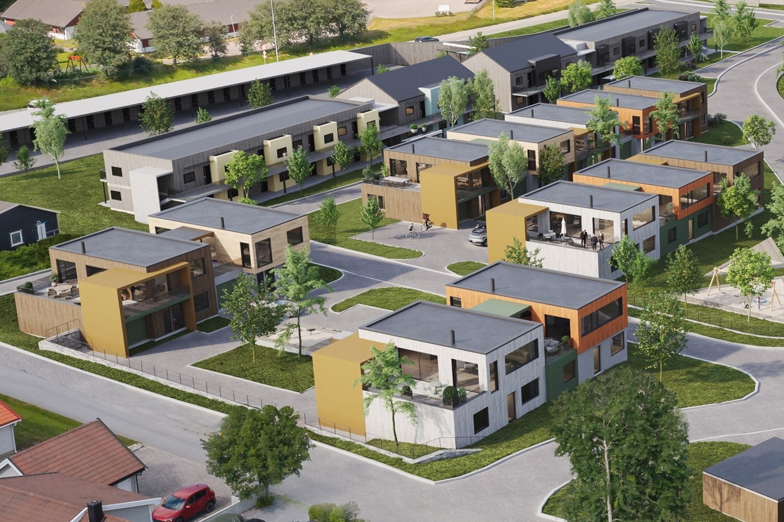 Hver bolig får egen inngang, minimum 2 soverom, åpen stue- og kjøkkenløsning og terrasse/uteplass/balkong. Meget solrik eiendom (illustrasjon) Galleribilde