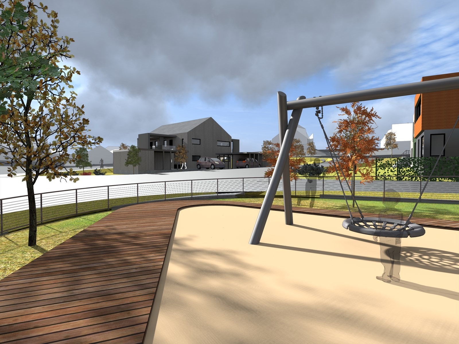 Det blir hyggelige fellesområder med lekeplass (illustrasjon) Galleribilde
