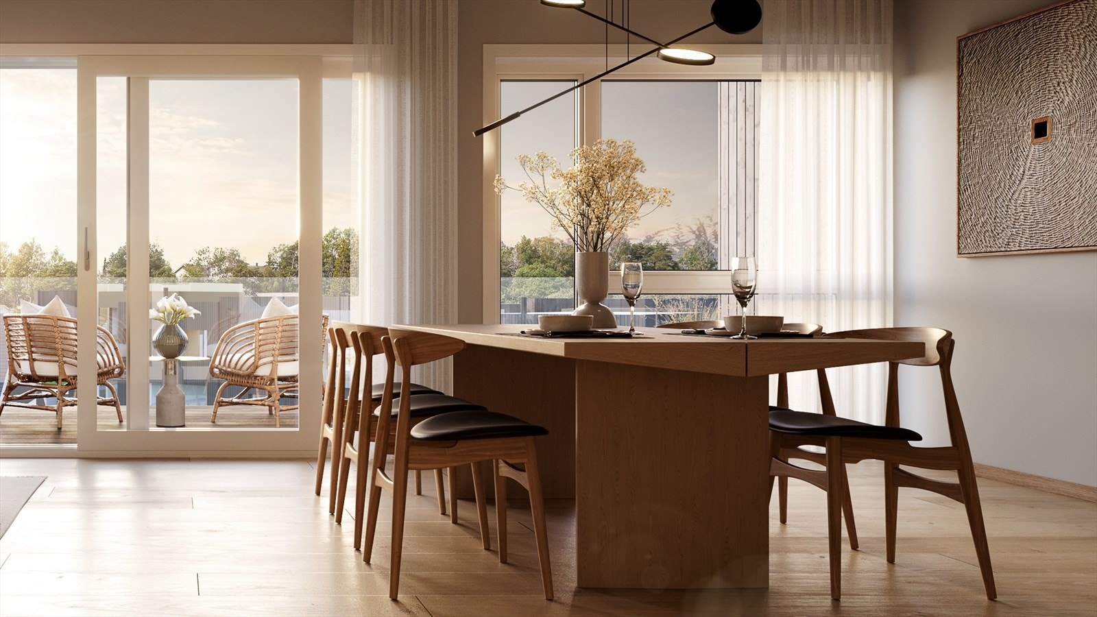 Boligene leveres i moderne stil med blant annet 1-stavs eikeparkett, stilige fliser, varmekabler, balansert ventilasjon og integrerte hvitevarer (illustrasjon) Galleribilde