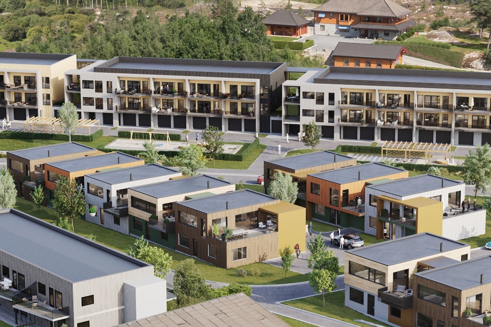 12 nye eneboliger i rekke med garasje og 4 nye leiligheter med carport i firemannsbolig (illustrasjon) Galleribilde