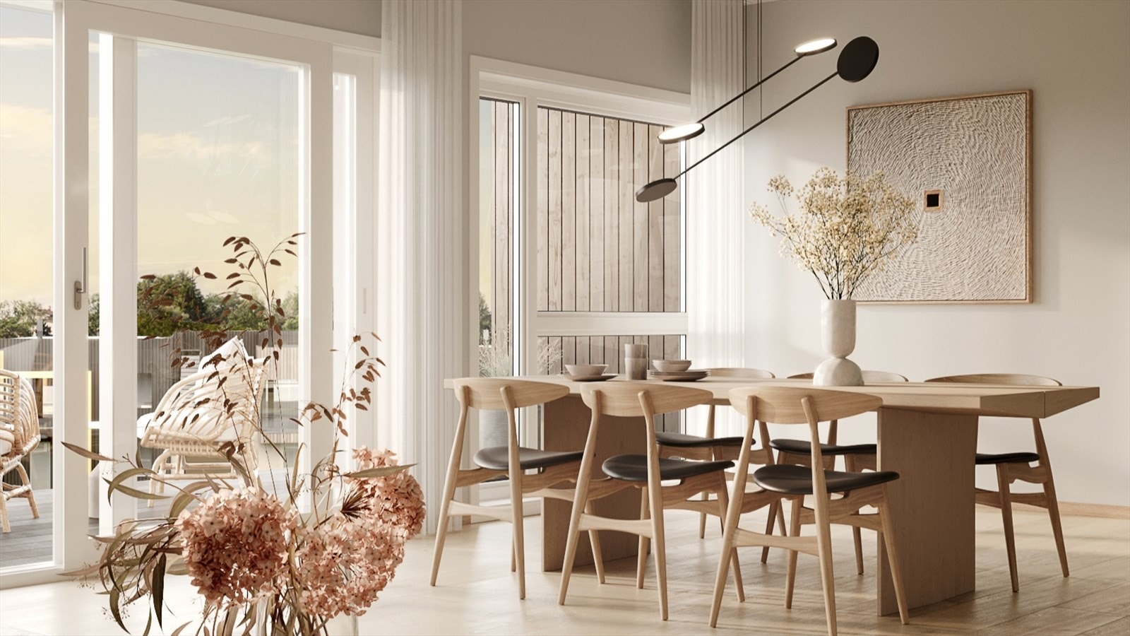 Boligenes åpen stue- og kjøkkenløsning skaper romfølelse og gir god plass til både spisebord og sofakrok (illustrasjon) Galleribilde