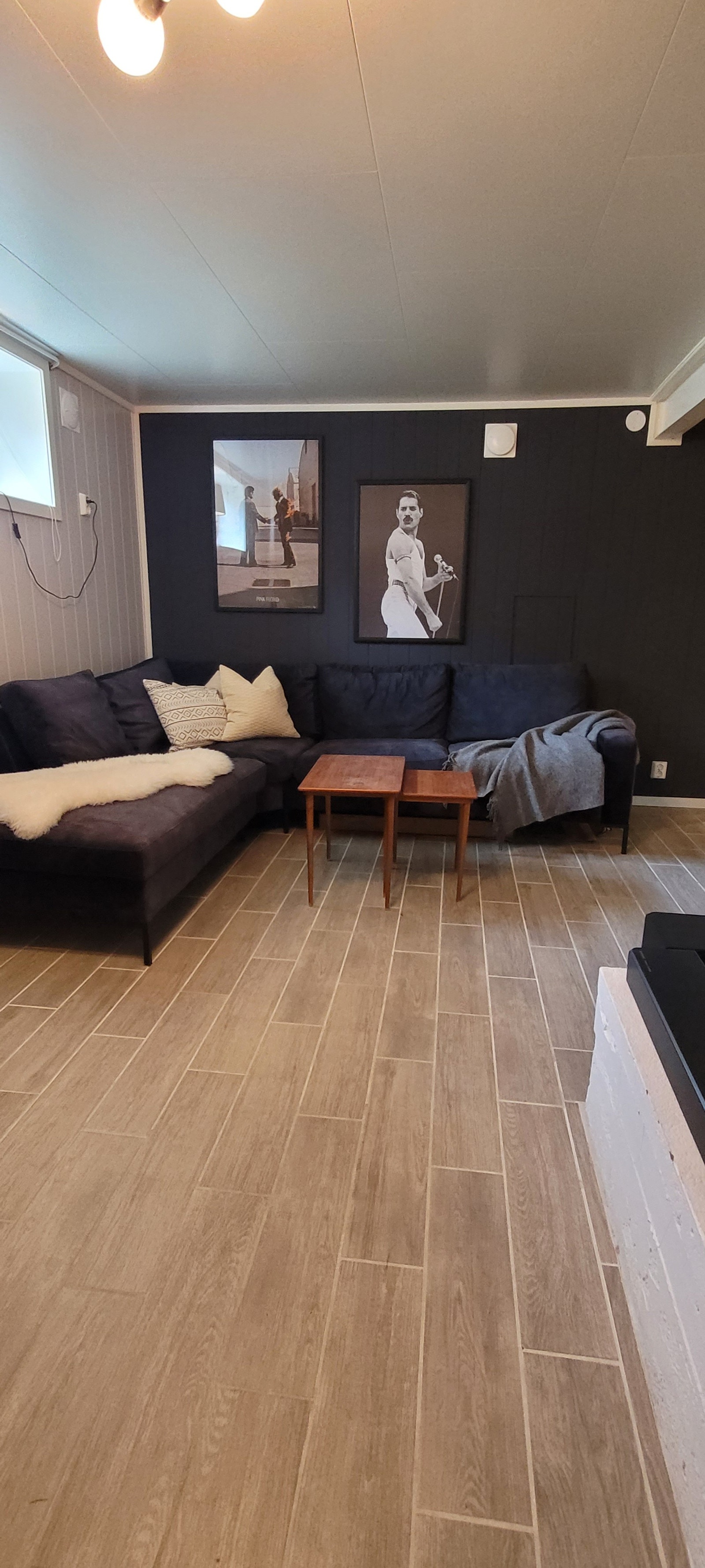 Fra trappa ankommer man kjellerstua. Alle primærrommene i underetasjen har gulvvarme. Galleribilde