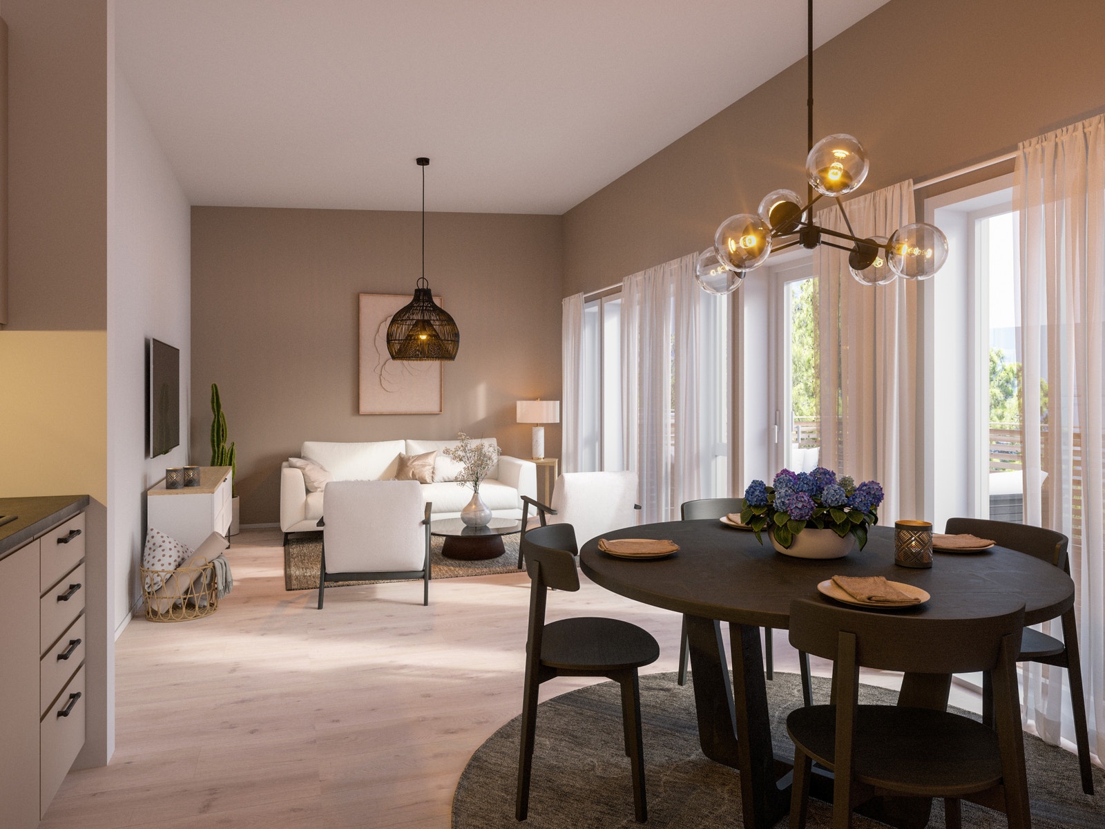 Stue/kjøkken- Illustrasjon (bildet er fra leilighet på 70kvm) Galleribilde