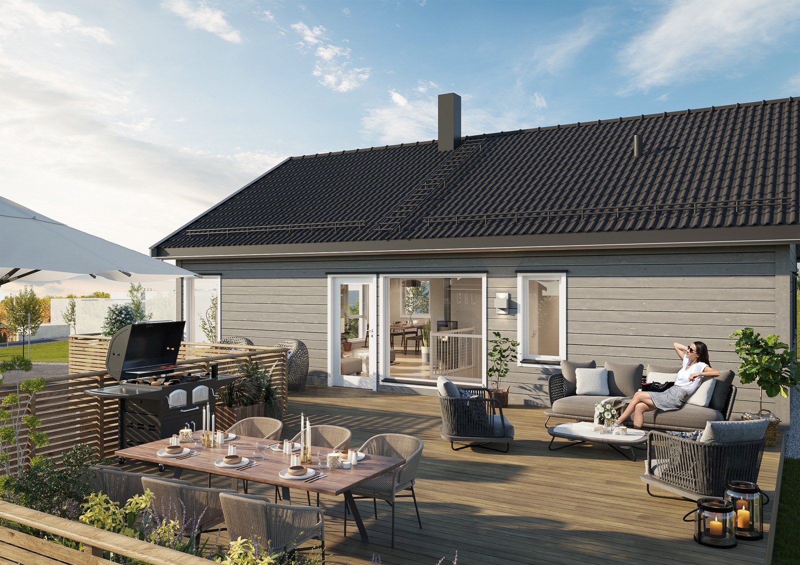 Illustrasjon: Herlige uteplasser - terrasse/veranda og egen hage (fra hus 9). Galleribilde