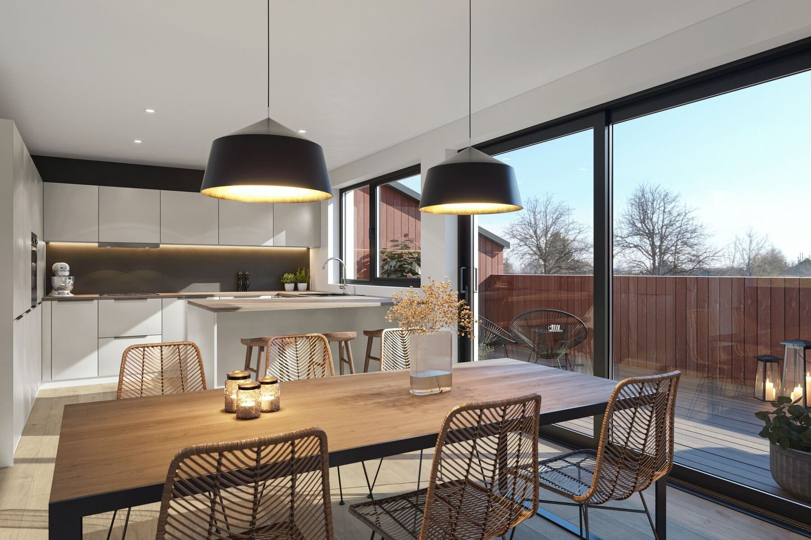 Kjøkken med påkostet innredning og rikt med arbeids- og oppbevaringsplass. Hvitevarer fra Siemens. (illustrasjon) Galleribilde