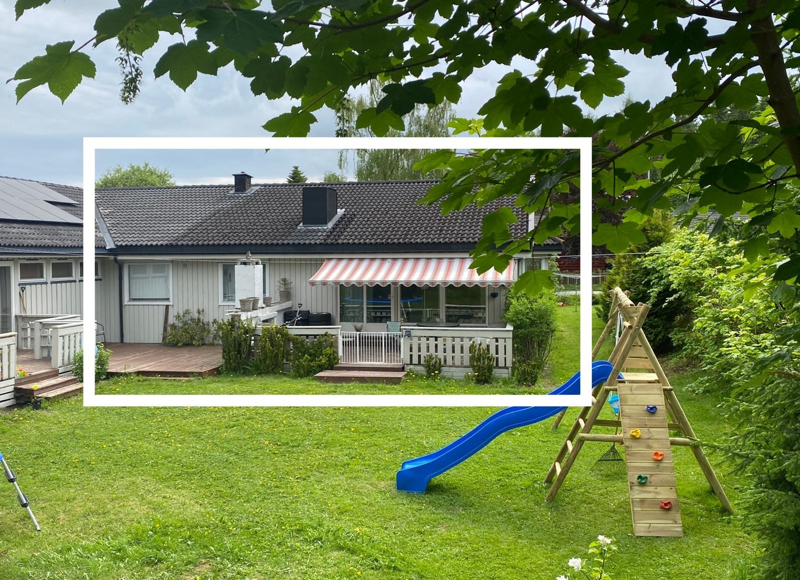 Bakside av bolig med inngjerdet markterrasse
Bilde fra 2023, ny inngjerdet terrasse er bygd. Annonse oppdateres med nytt bilde snarligt. Galleribilde