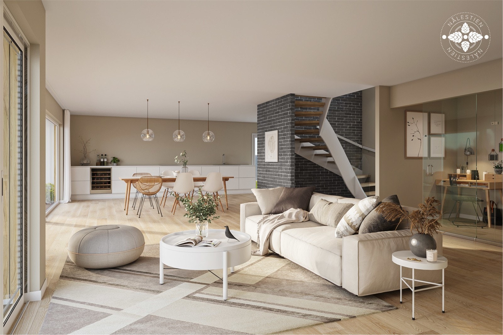 Stue/kjøkken med skyvedør i glass inn til kontor Galleribilde