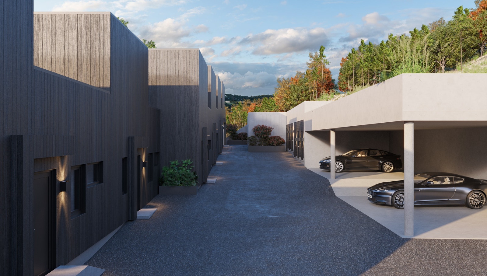 Illustrasjon fra gaten mellom rekkehus og carporter. Galleribilde