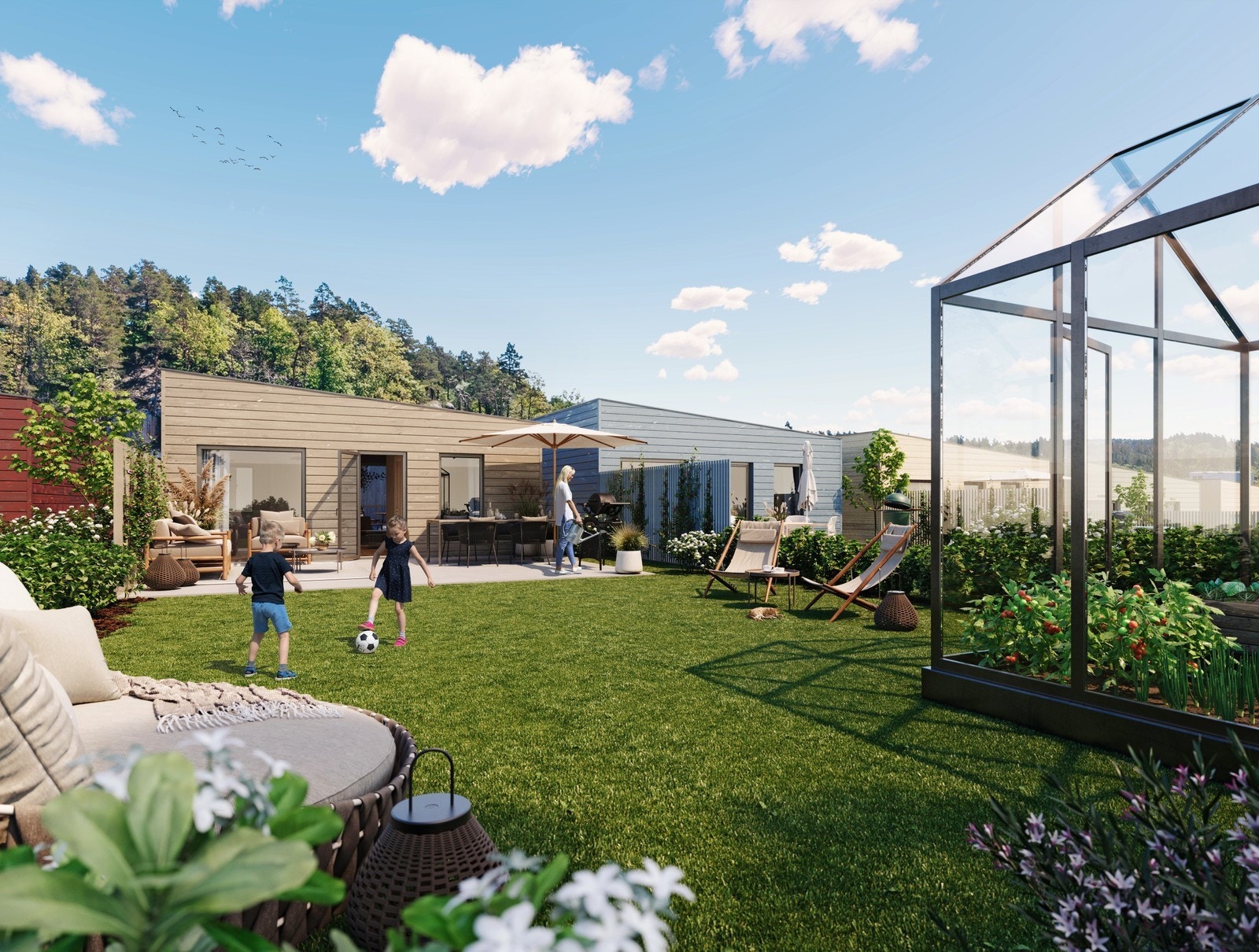 Hyggelig privat bakhage med plen og drivhus er inkludert i leveransen. Dyrk dine egne tomater eller innred til hagestue? Hyggelig blir det uansett! Galleribilde