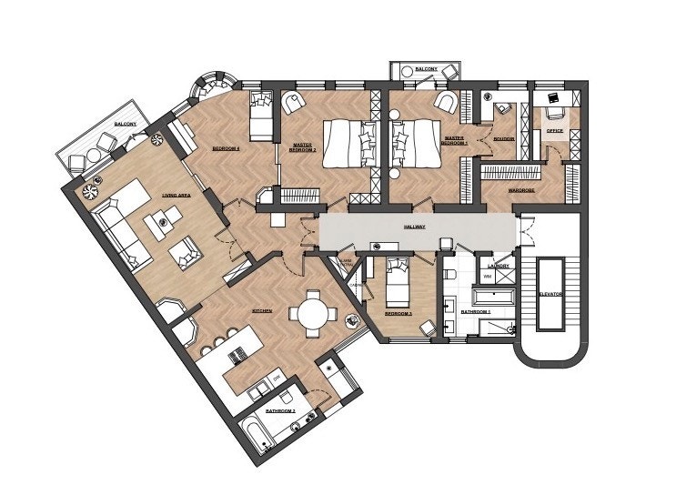 Plantegning | 4 Sov | 2 Bad | 2 Balkonger | Heis Galleribilde