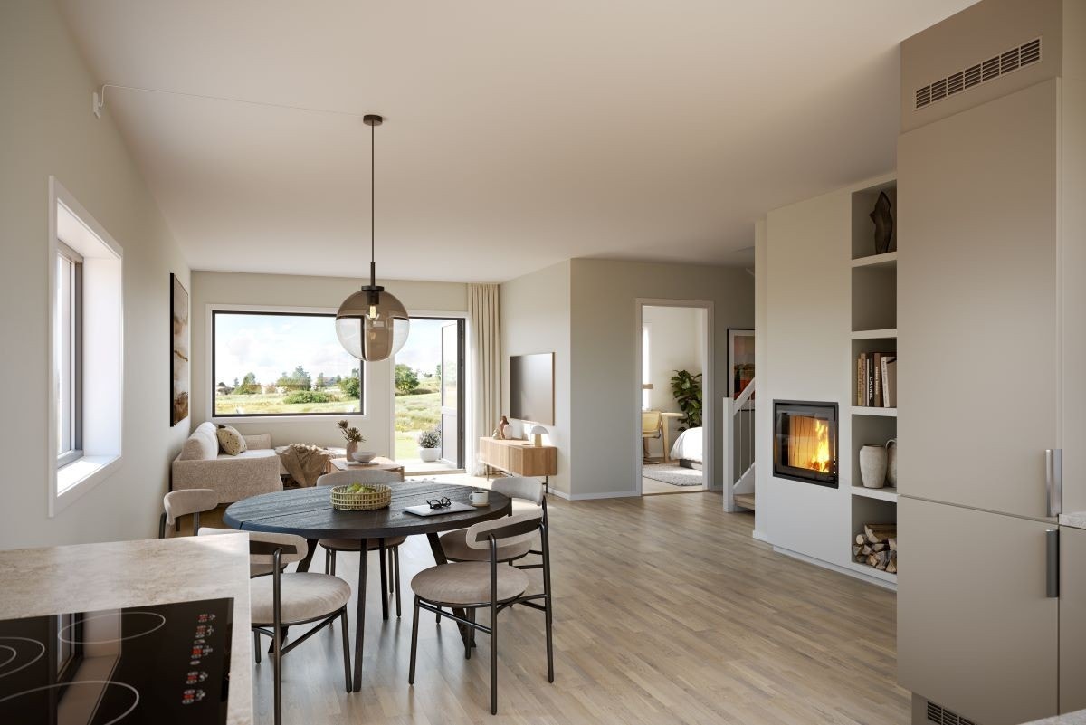 Illustrasjon fra stue/kjøkken tilsvarende bolig - Bladfaksveien 77 har ikke vindu i vegg til venstre Galleribilde