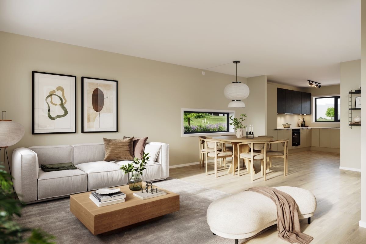 Illustrasjon fra stue/kjøkken Bladfaksveien 79 - 85 (vindu over kjøkkenbord kun på nummer 85) Galleribilde