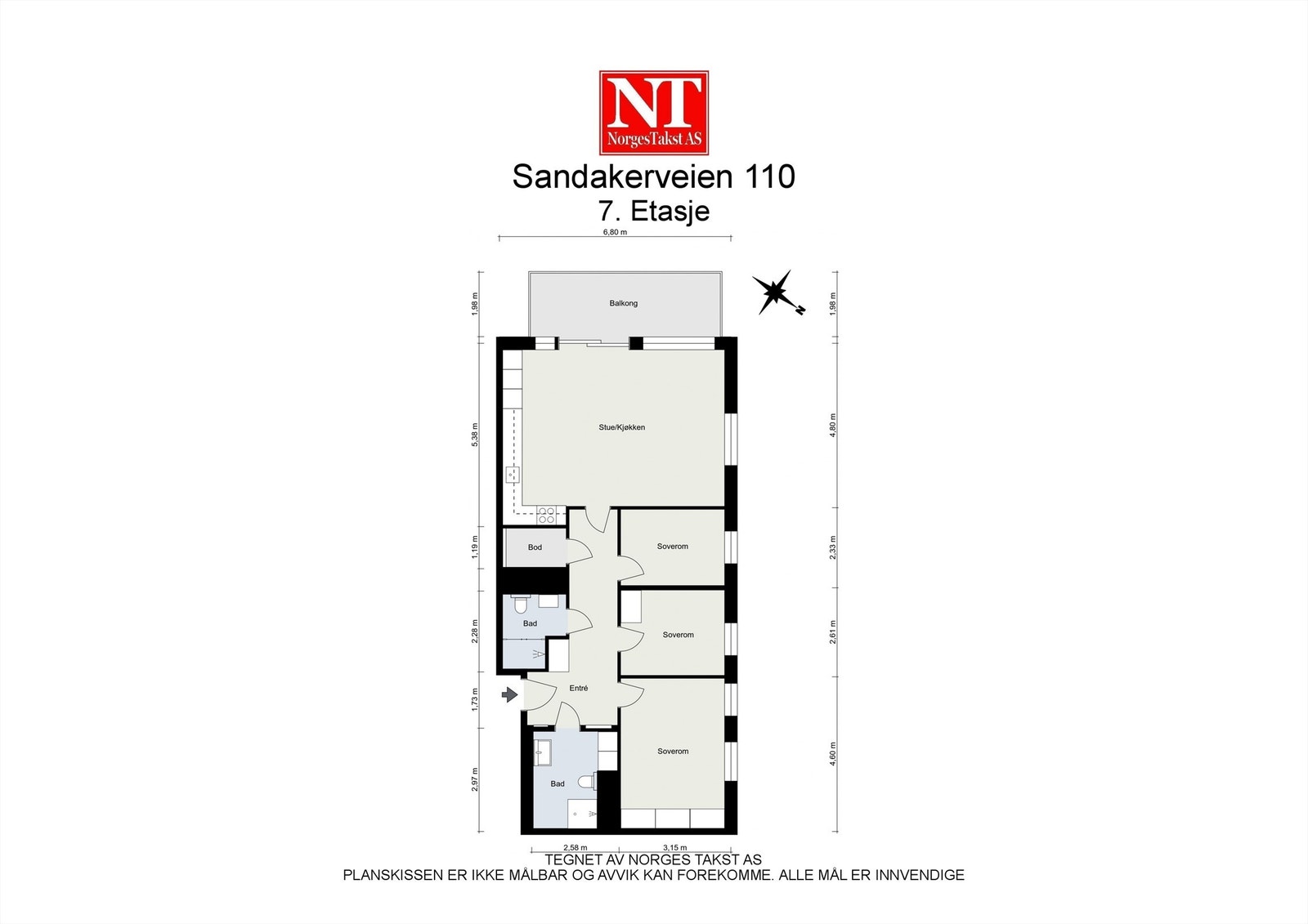 Planskisssen viser en godt utnyttet 4-roms hjørneleilighet med åpen stue og kjøkkenløsning. Vinduer i to himmelretninger. Balkong på hele 12 kvm. Galleribilde