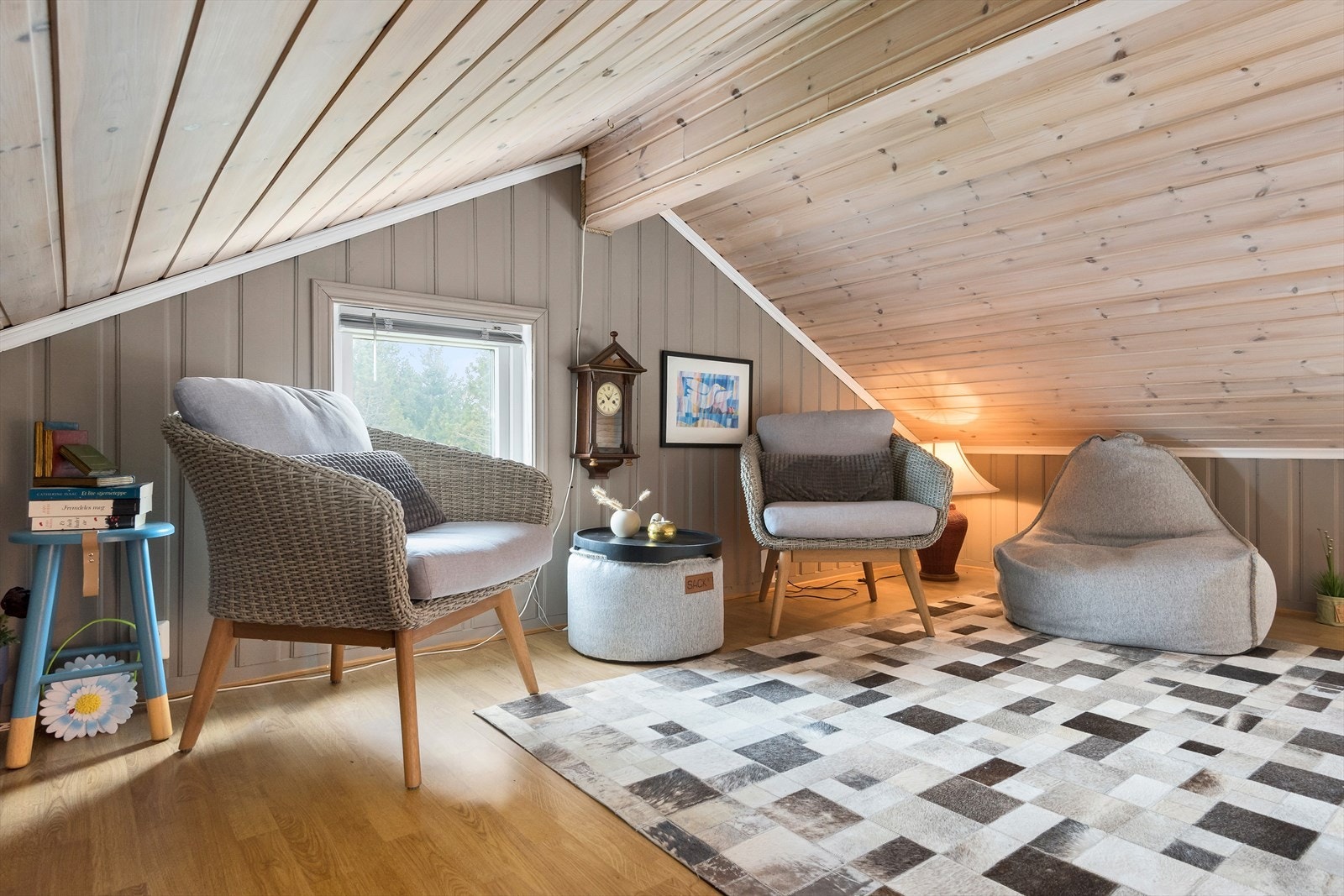 Hemsen som benyttes som hems-stue - dette vil være en fin plass når ungdommen i huset ønsker trekke seg bort og gjøre sine ting. Galleribilde