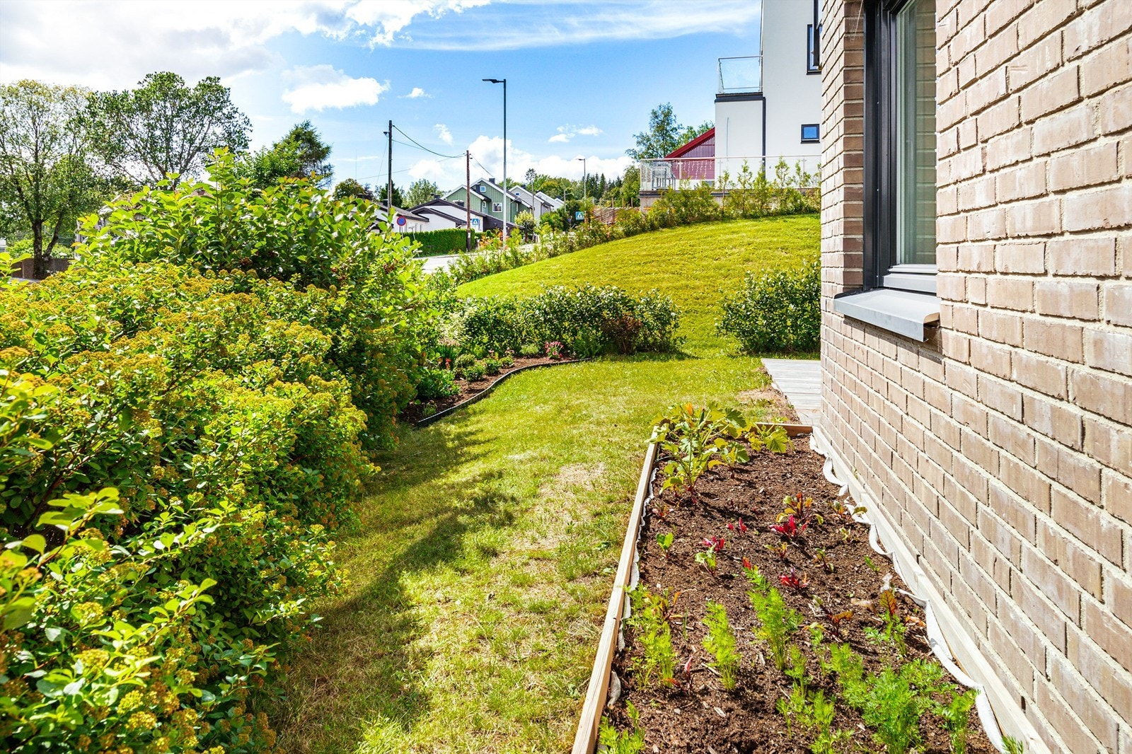 På siden har eier anlagt blomsterbed og gr
ønnsakskasse. Her er det også morgensol Galleribilde