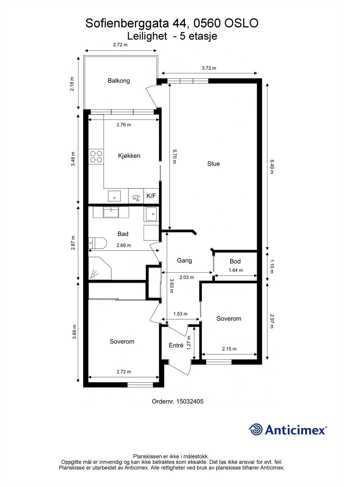 Plantegning. Det er heisadkomst til leiligheten i 5. etasje. Balkong mot vest og soverom mot øst. Galleribilde