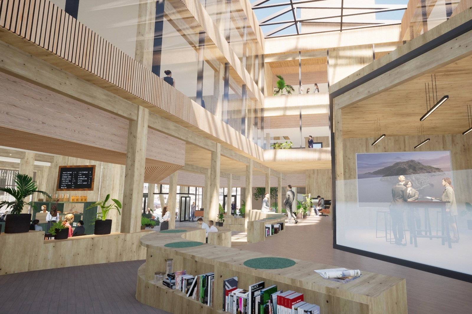 Midtsonen i bygget får en lysgård/et atrium som bidrar positivt til en luftig og åpen atmosfære.
Tilpasninger til omgivelsene gjør at det sentralt i kjernen av bygget er en nivåforskjell på en meter. Dette utnyttes til skulpturelle rampeløsninger i tre o Galleribilde