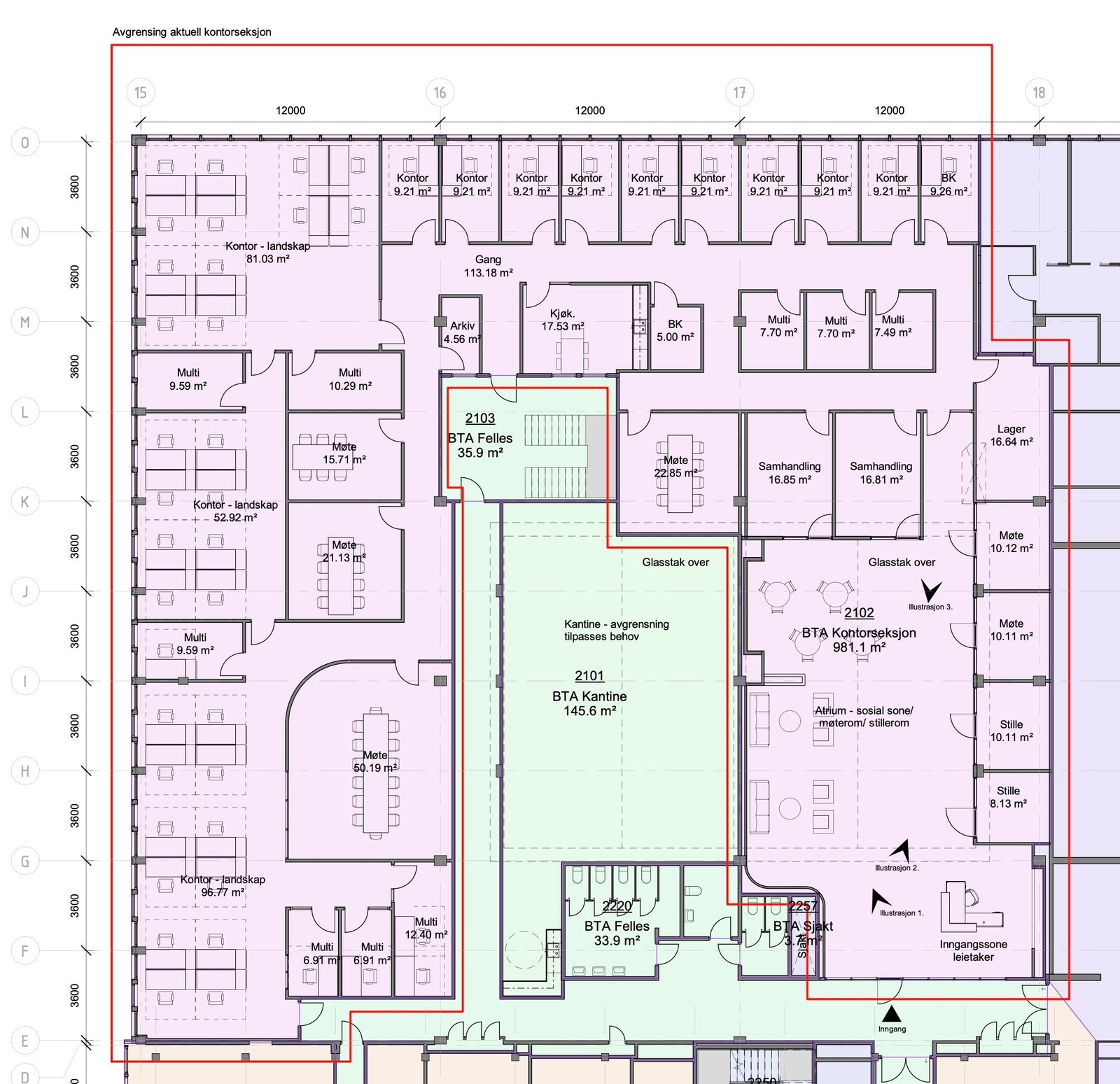Midtunhaugen 10. Utkast til plantegning for kontorlokaler i 2. etg. Vist forslag er 980 kvm netto BTA med 42 arbeidsplasser i kombinasjon av åpent landskap og cellekontor. Galleribilde