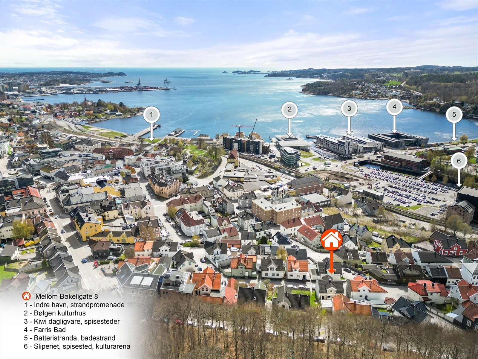 Dronefoto. Boligen har en sentral beliggenhet med kort vei til sentrumsfunksjoner Galleribilde