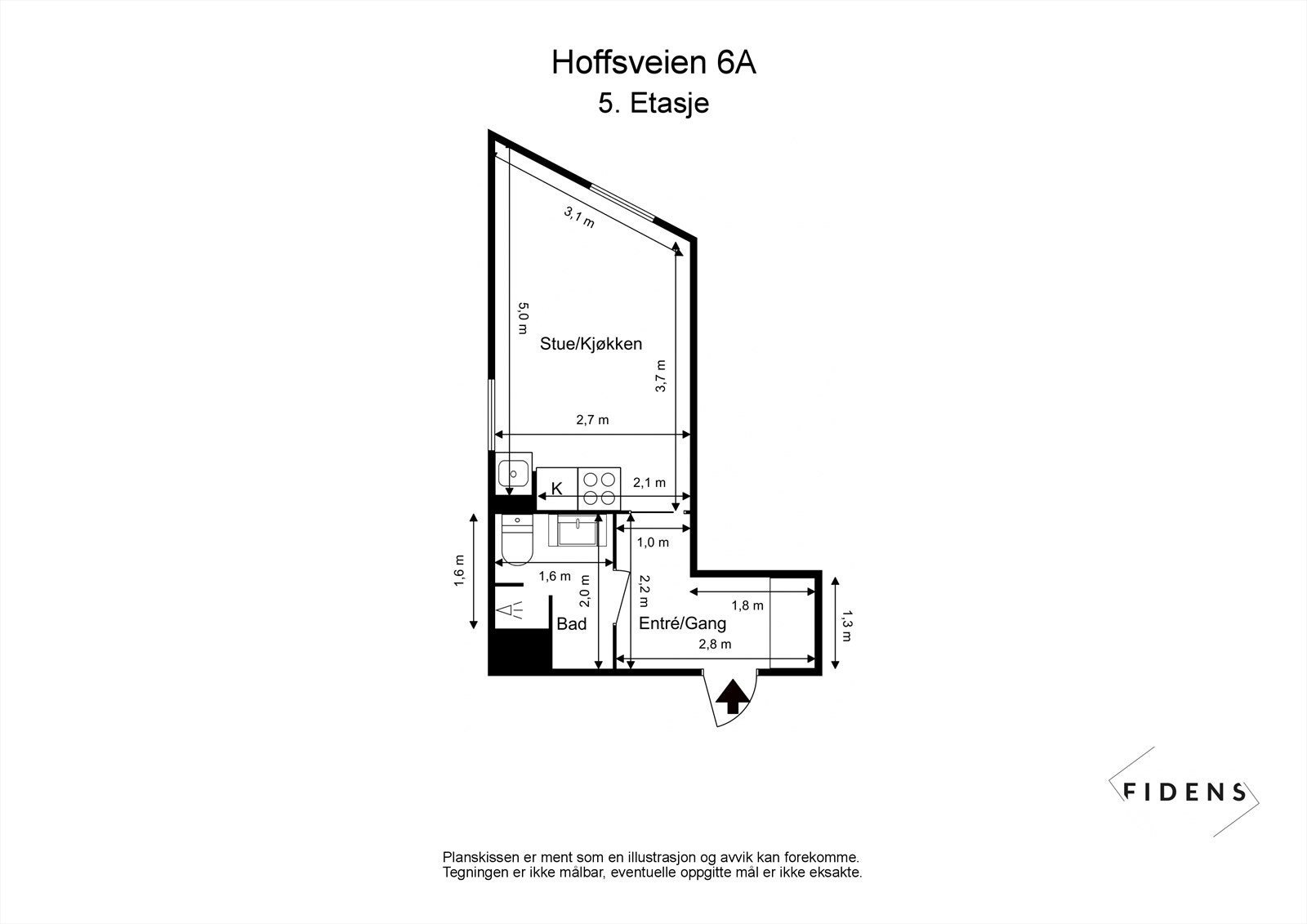 Plantegning. Leiligheten ligger i byggets 5.etg med adkomst fra heis. Galleribilde