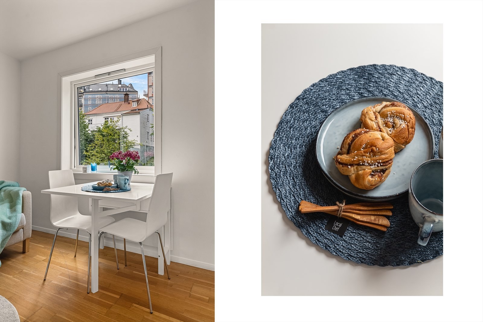 Parkett på gulv og slette overflater. Rom for å møblere med sofa og spisebord uten at det føles trangt. Galleribilde