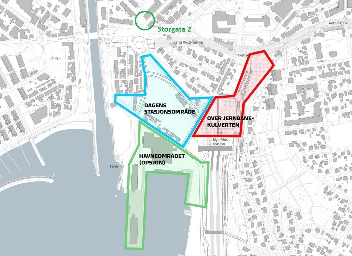 Bildet er hentet fra Bane Nor og viser planlagte byggeområder. Storgata 2 er merket med grønn ring. Galleribilde
