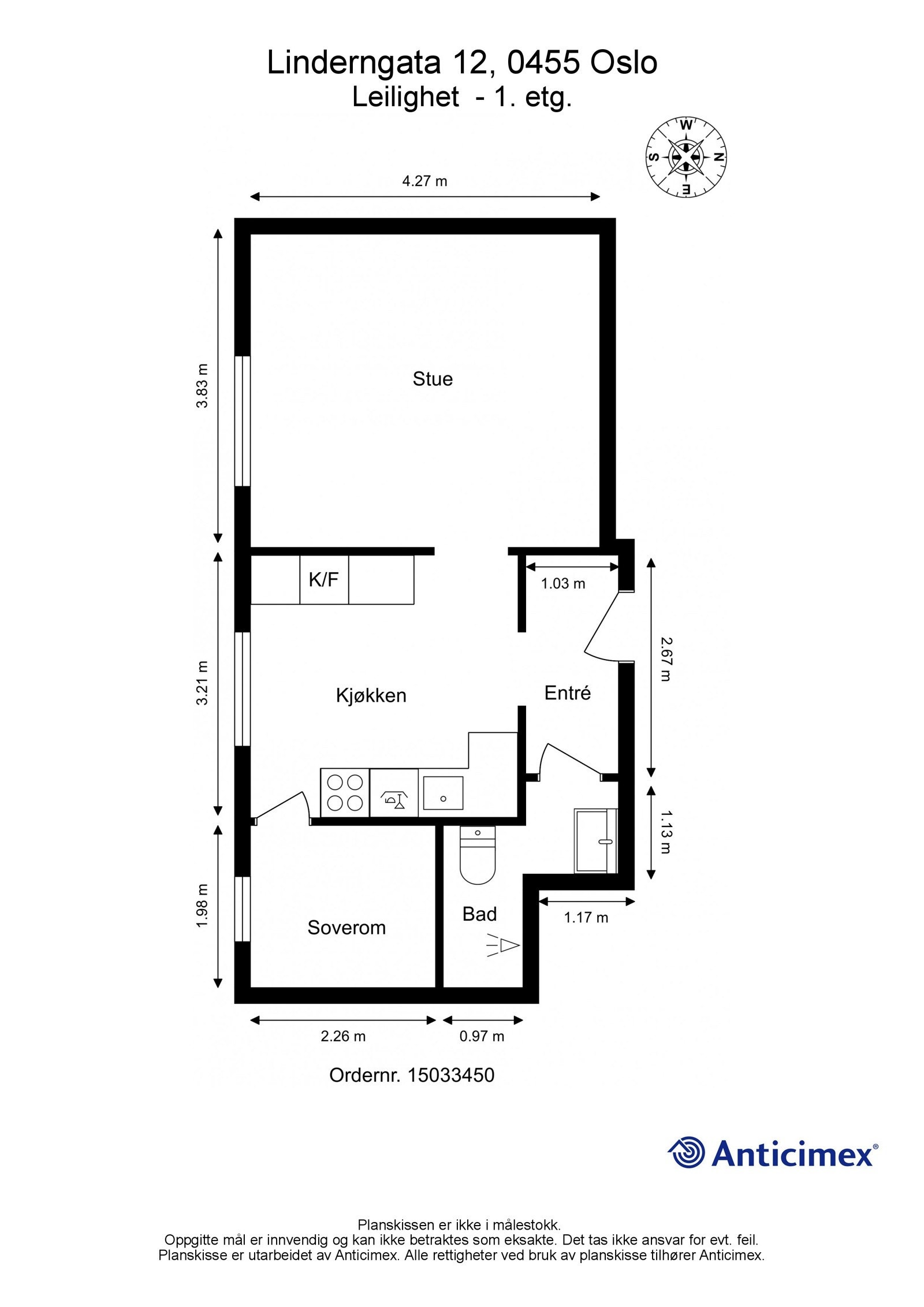 Plantegning. I tillegg disponerer leiligheten en kjellerbod på ca. 8m². Privat vaskemaskin i fellesareal rett under leiligheten. Galleribilde