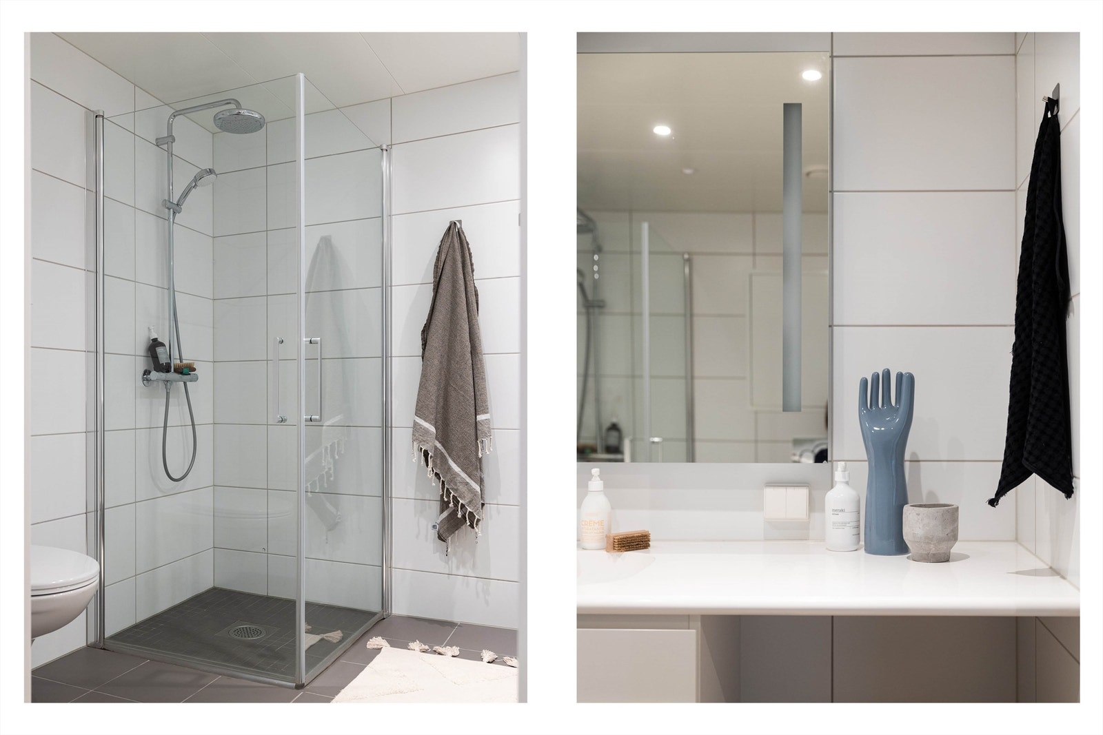 Delikat innredet med dusjhjørne med innfellbare dusjdører i herdet glass og rainshower Galleribilde