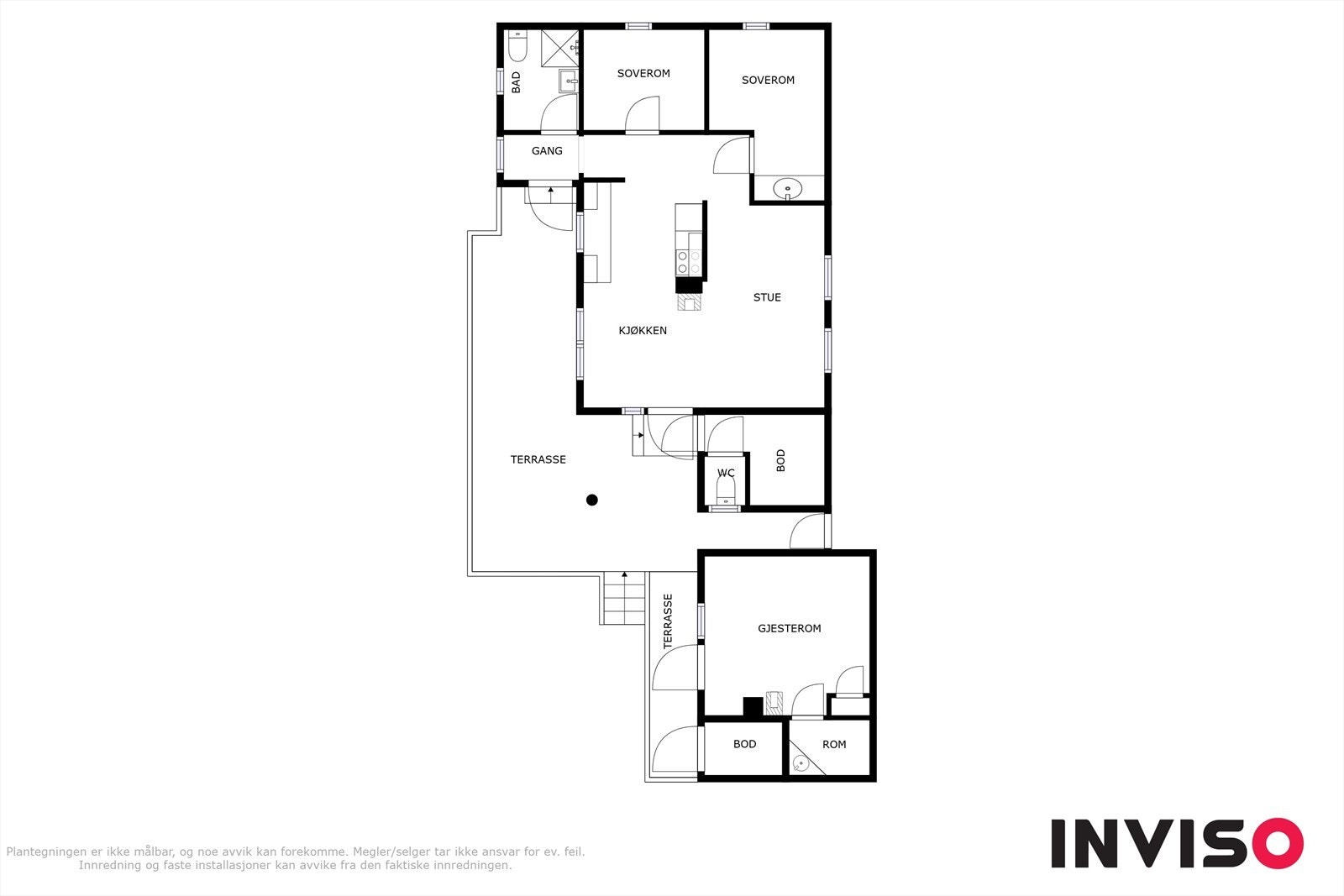 Plantegning. I tillegg er eiendommen bebygd med en frittstående vedbod på 4m². Galleribilde