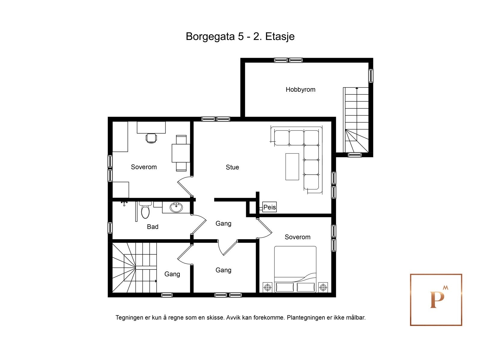 Plantegning 2.etg. slik boligen er innredet i dag. Galleribilde