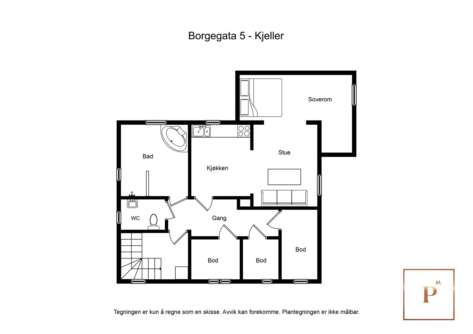 Plantegning kjeller slik boligen er innredet i dag. Kjeller har innredet rom som ikke er godkjent. Galleribilde