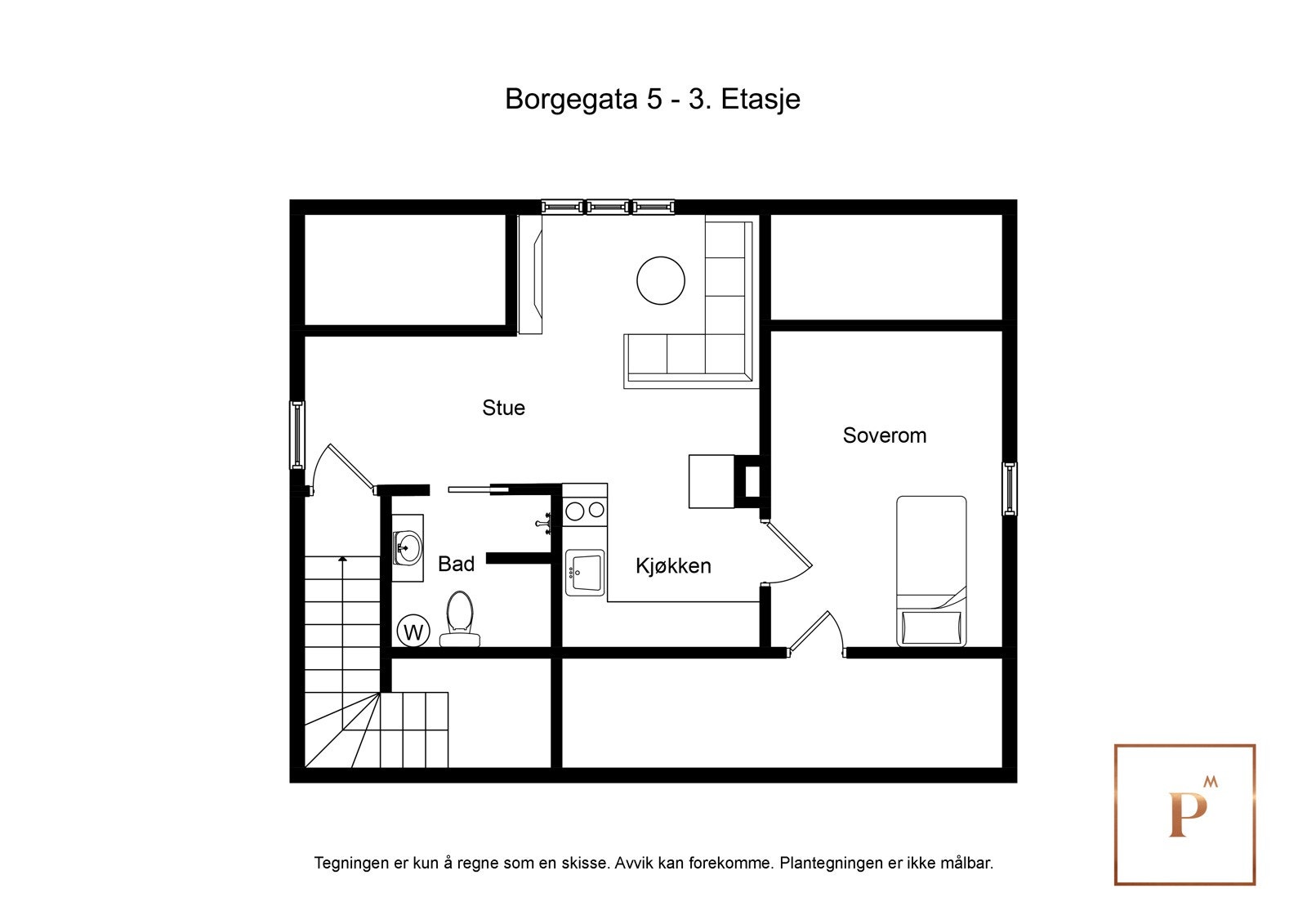 Plantegning 3.etg. slik boligen er innredet i dag. Loft har innredet rom som ikke er godkjent. Galleribilde